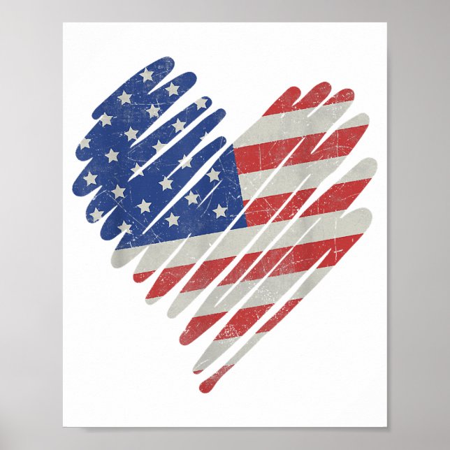 American Flag Heart Red White Blue Cute 4th of Jul Poster (Front)