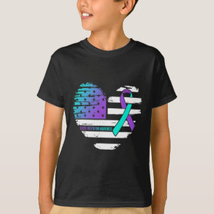 American Flag Heart Teal And Purple Ribbon Suicide T-Shirt