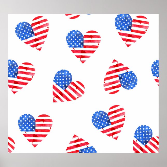 American Flag Hearts Watercolor Seamless. Poster (Front)