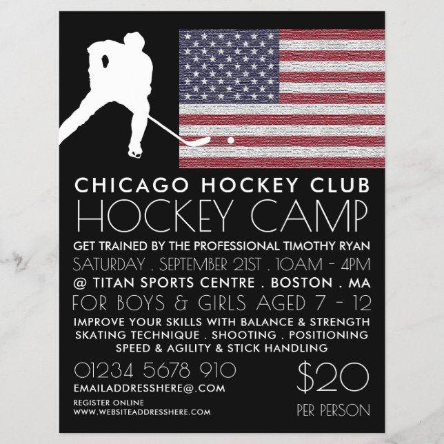 American Flag, Hockey Player, Camp Advertising  Flyer (Front)