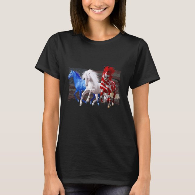 American Flag Horses Patriotic Red White Blue 4th  T-Shirt (Front)