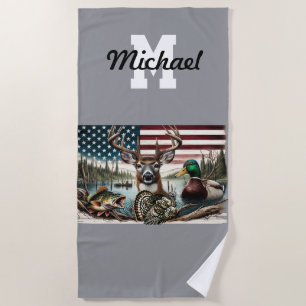 American Flag Hunting and Fishing Themed Beach Towel
