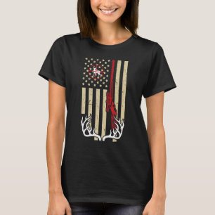 American Flag Hunting Deer Antlers With Rifle And  T-Shirt