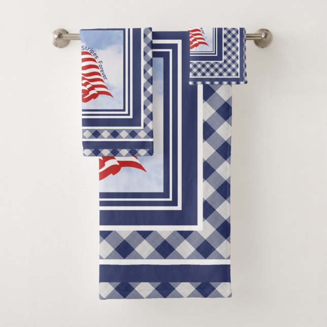 American Flag Illustration Red White Blue | Checks Bath Towel Set (Insitu)