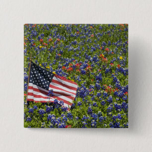 American Flag in field of Blue Bonnets, 2 2 Inch Square Button