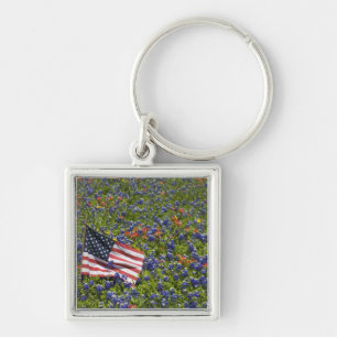 American Flag in field of Blue Bonnets, 2 Keychain
