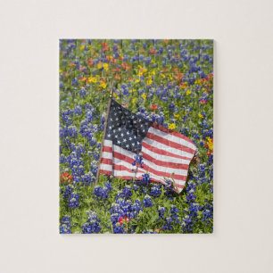 American Flag in field of Blue Bonnets, Jigsaw Puzzle