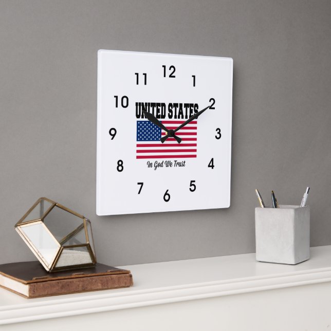 American flag, In God We Trust, Square Wall Clock (Office)
