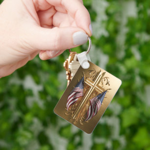 American Flag in Gold Cross #7 Keychain