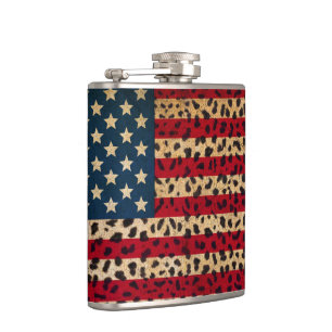 American Flag in Leopard Spot Print Design Hip Flask