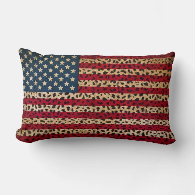 American Flag in Leopard Spot Print Design Lumbar Pillow (Front)