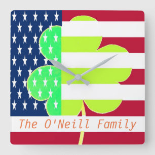 American Flag Irish Shamrock Clover St. Patrick Square Wall Clock