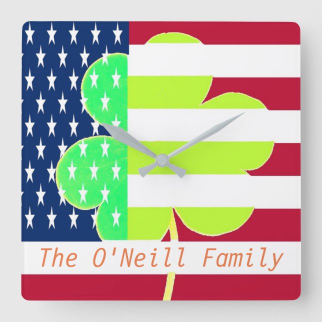 American Flag Irish Shamrock Clover St. Patrick Square Wall Clock (Front)