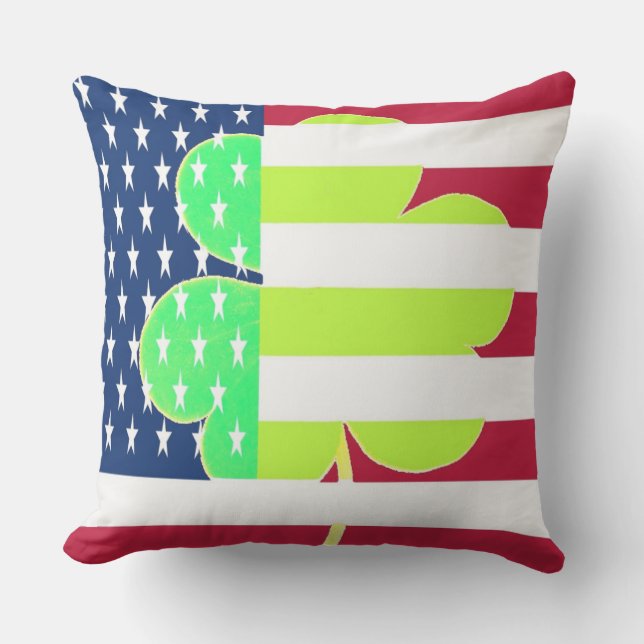 American Flag Irish Shamrock Clover St. Patrick Throw Pillow (Front)