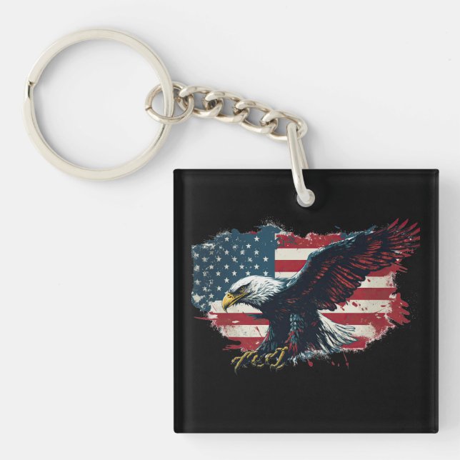 american-flag-is-accompanied-by-soaring-eagle-symb keychain (Front)
