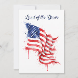 American Flag Land of the Brave Watercolor USA Holiday Card