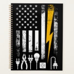 American Flag Lineman Electrician Utility Worker Planner<br><div class="desc">Whether they’re climbing poles in a storm or maintaining the grid, an electrician’s job is never done. This distressed, patriotic design on a Planner celebrates the skill and bravery of powerline workers. Featuring a retro aesthetic with a focus on the tools of the trade and the Stars and Stripes, this...</div>