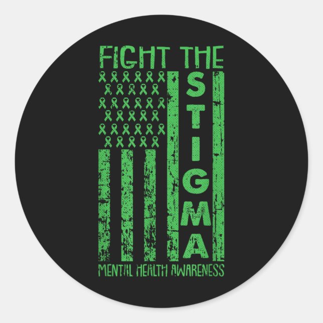 American Flag Mental Health Awareness Green Ribbon Classic Round Sticker (Front)
