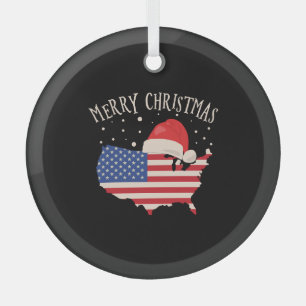 American flag Merry Christmas design Glass Ornament