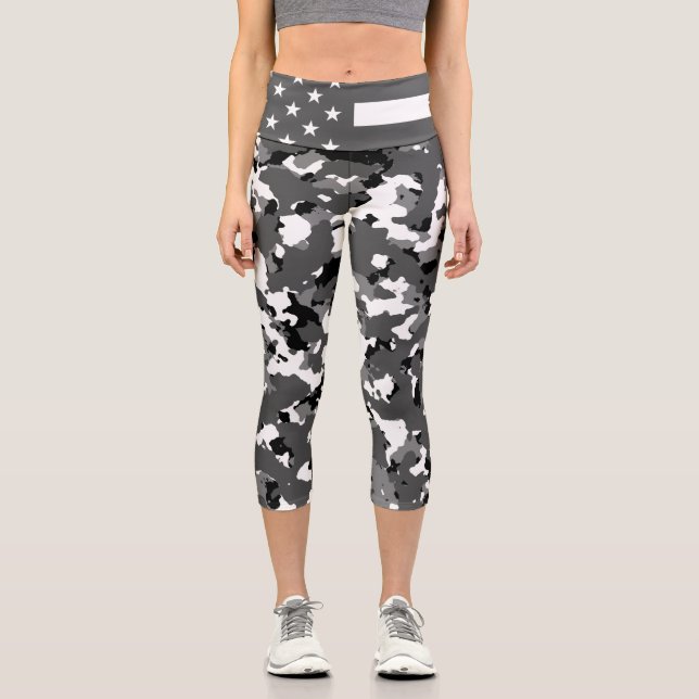 American Flag Military Winter Camo Capri Leggings (Front)
