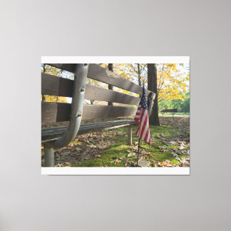 American Flag Near Park Bench Canvas Print