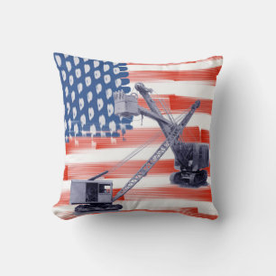 American Flag Northwest Crane Operator  and Shovel Throw Pillow