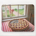 American Flag on a Cherry Pie Mouse Pad<br><div class="desc">Cherry pie with an American flag lattice crust on a red and white checkered tablecloth by a farmhouse window</div>