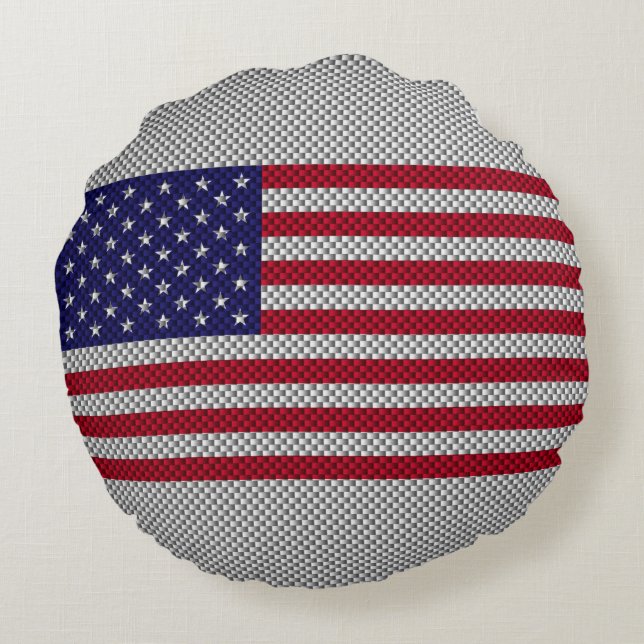 American Flag on Carbon Fibre Style Print Round Pillow (Back)