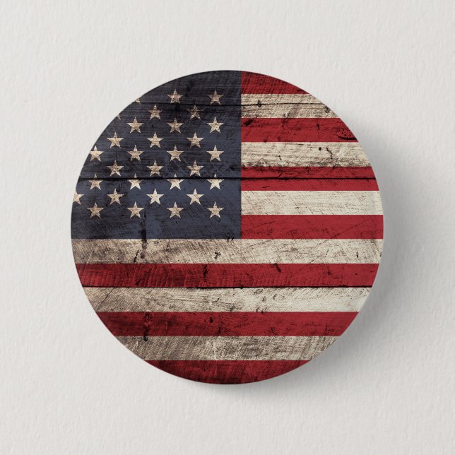 American Flag on Old Wood Grain 2 Inch Round Button (Front)