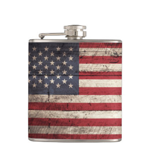 American Flag on Old Wood Grain Hip Flask