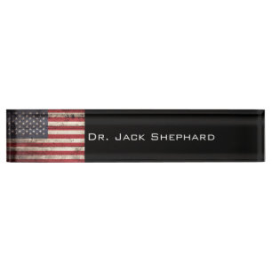 American Flag on Old Wood Grain Nameplate