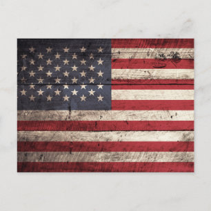 American Flag on Old Wood Grain Postcard