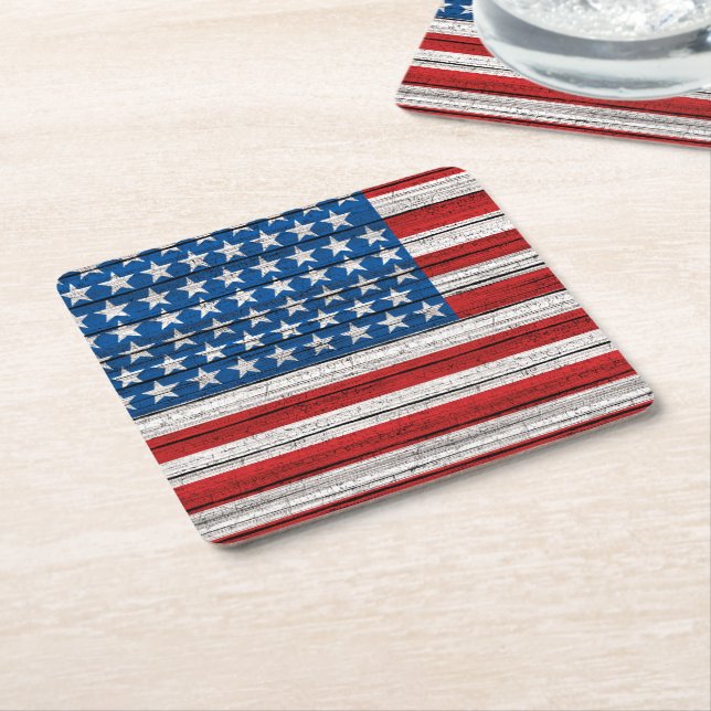 American Flag On Weathered Wooden Planks Pattern Square Paper Coaster (Angled)