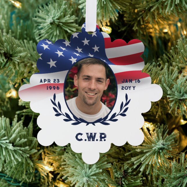 American Flag Oval Photo In Loving Memory Ornament Card (Insitu (Tree))