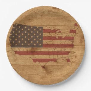 American Flag Over Rustic Wood   USA Patriotic Pap Paper Plate