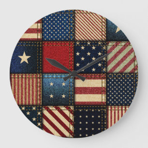 American Flag, Patchwork Seamless Pattern. Large Clock