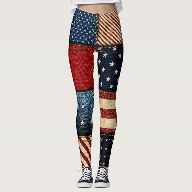 American Flag, Patchwork Seamless Pattern. Leggings (Front)