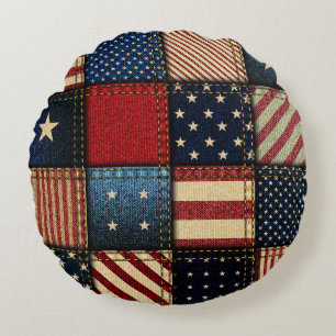 American Flag, Patchwork Seamless Pattern. Round Pillow