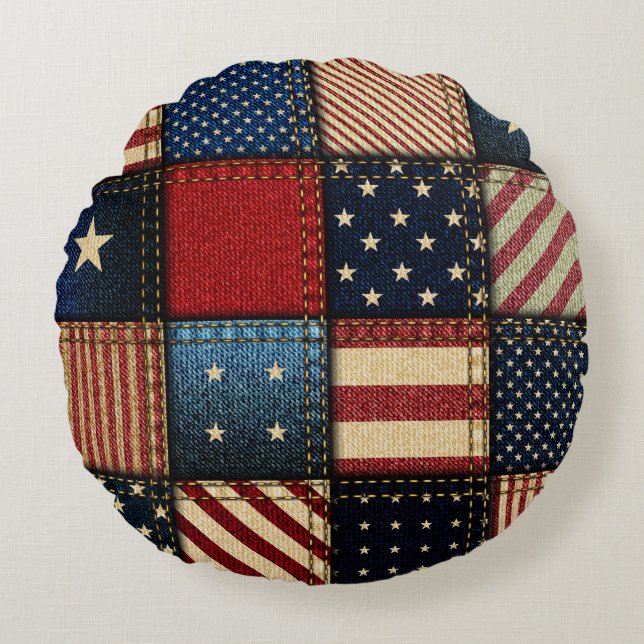 American Flag, Patchwork Seamless Pattern. Round Pillow (Front)