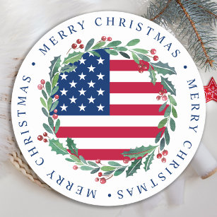 American Flag Patriotic Christmas Wreath Round Paper Coaster