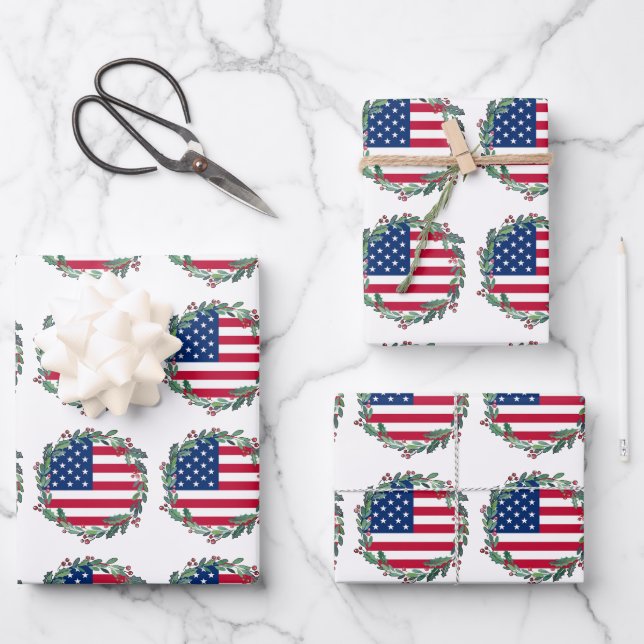 American Flag Patriotic Christmas Wreath Wrapping Paper Sheet (Front)