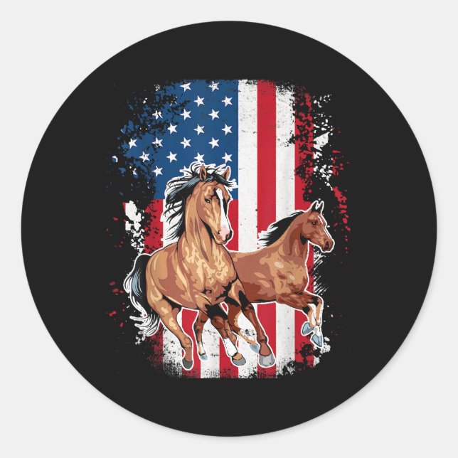 American Flag Patriotic Horse Horseback Riding Far Classic Round Sticker (Front)