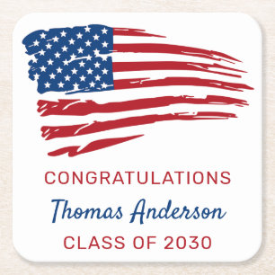 American Flag Patriotic Military Graduation Square Paper Coaster