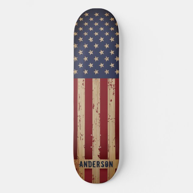 American Flag Patriotic Personalized Rustic Wood Skateboard (Front)