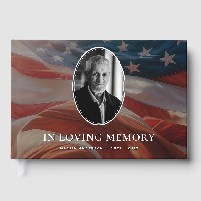 American Flag Patriotic Photo Funeral Memorial Guest Book (Front)