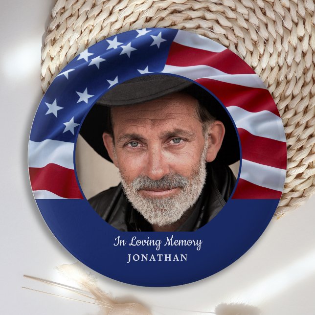 American Flag Patriotic Photo Memorial Funeral  2 Inch Round Button (Creator Uploaded)