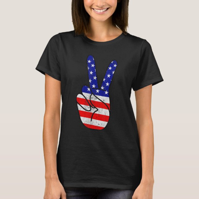 American Flag Peace Sign Hand Patriotic 4th Of Jul T-Shirt (Front)