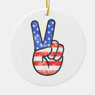 American Flag Peace Sign Hand T-Shirt Fourth of Ju Ceramic Ornament