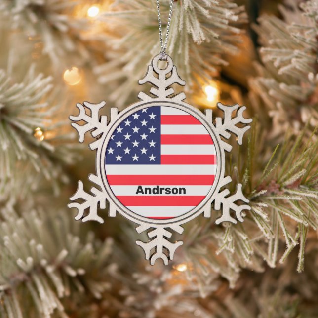 American Flag Personalized Patriotic Stars Stripes Snowflake Pewter Christmas Ornament (Tree)