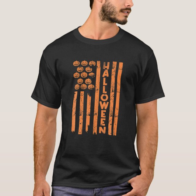 American Flag Pumpkin USA Halloween T-Shirt (Front)